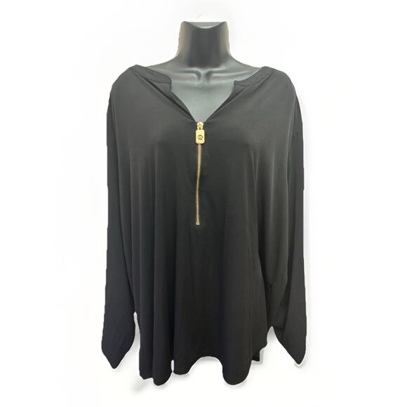 Michael Kors Womens 3XL Black Zip Front Roll Tab Sleeve Blouse Top Lightweight - Picture 1 of 8